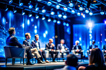 Business Conference Speaker Presenting to a Large Audience in a Professional Setting, on dark blue background