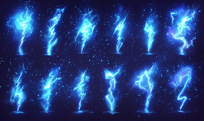 Cartoon lightning animation. Animated frames of electric strike, magic electricity hit and thunderbolt effect  illustration set. Game asset collection of blue glowing storm, Generative AI