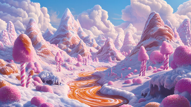 Hidden valley where the mountains are made of candy and chocolate with rivers of molten caramel and candy cane trees on a plain pastel background. Hidden Valley. Illustration