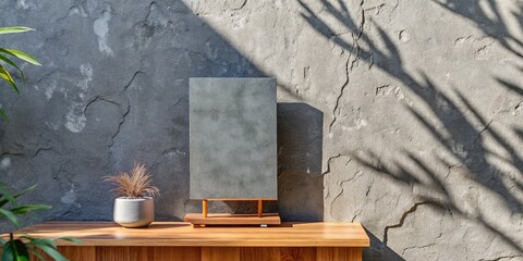 Obraz premium Rustic display with a blank canvas and small plant.