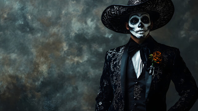 un fondo gris con espacio de copia con un catrin elegante y con porte celebrando el dia de muertos tradicion y cultura de mexico