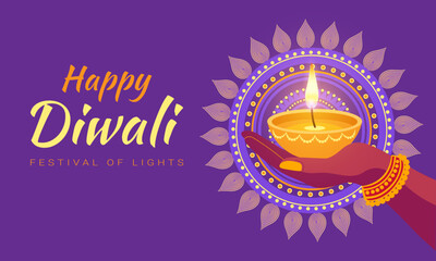 A hand holding a candle in a bowl with the words Happy Diwali Festival of Lights. The image is purple and has a lot of detail