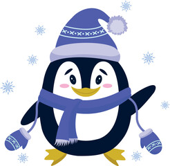 A cute penguin in a hat, mittens and scarf. 