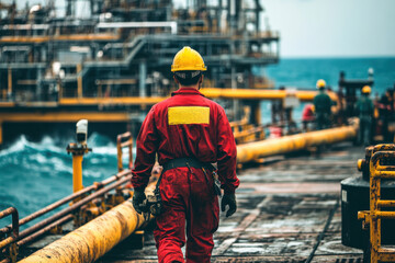 Oil and gas worker in red overalls on offshore platform near yellow pipes and sea water