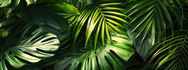 A close-up panorama of tropical leaves.