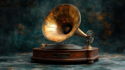 Vintage Gramophone with Polished Metal Horn and Wooden Base