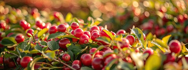 Close-up of lingonberry bushes with ripe berries.