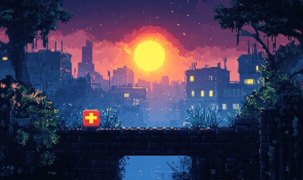 Pixel art game background with button level up. Game design concept in retro style.  illustration. Game screen pixel, Generative AI