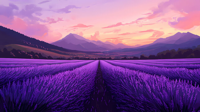 Illustration of lavender field with a view in the morning. colorful and minimal anime aesthetics style. ai generative. Lavender Fields. Illustration