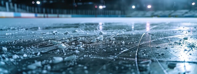Close-up of the ice at the hockey stadium.