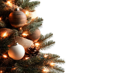 A Christmas tree with lights and ornaments on it. on transparent background png