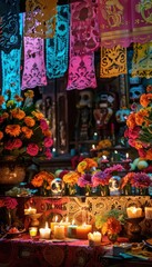 Fototapeta premium Vibrant Day of the Dead Altar with Candles, Marigolds, and Papel Picado Banners for Celebration