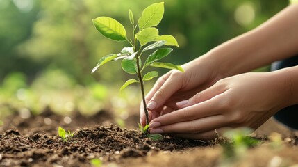 Fototapeta premium Nurturing New Life: A pair of hands gently plant a sapling, signifying growth, sustainability, and a connection to nature. The scene evokes a sense of hope and renewal.
