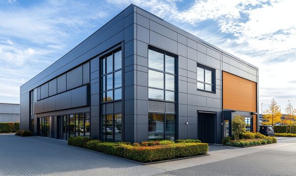 Exterior of a modern warehouse with a small office unit, Generative AI