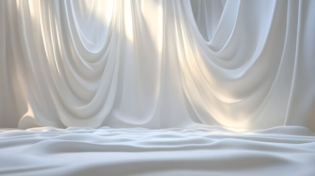 cortinas de telon de material de seda colgando sobre un cuarto de escenario para teatro o eventos elegantes fondo blanco con tela de seda