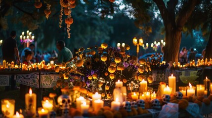 Obraz premium Day of the Dead Altar with Marigold Flowers and Sugar Skulls in a Public Park Setting