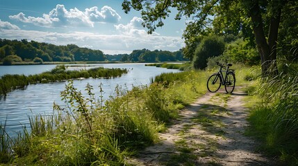 Cycles positioned next to a meandering river path