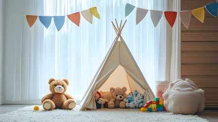 habitacion infantil con un teepee y peluches con juguetes infantiles cuarto acogedor y moderno dormitorio infantil