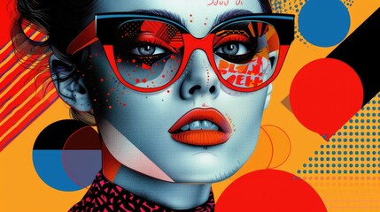 A woman with bold red lipstick and sunglasses, against a bright abstract background. Geometric shapes and patterns create a vibrant and modern aesthetic.