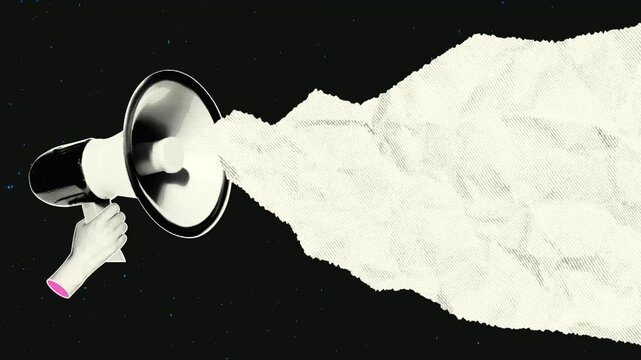 Loudspeaker in hand with half-tone effects. Horizontal video for announcement, advertisement with speech bubble made of torn crumpled paper.