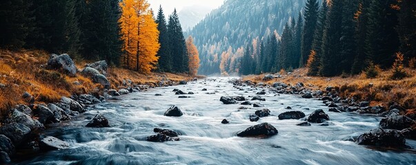 Torrent of water in a mountain valley, surrounded by dark trees and rocky banks