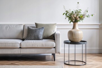 Comfortable sofa with a vase in a stylish living room.