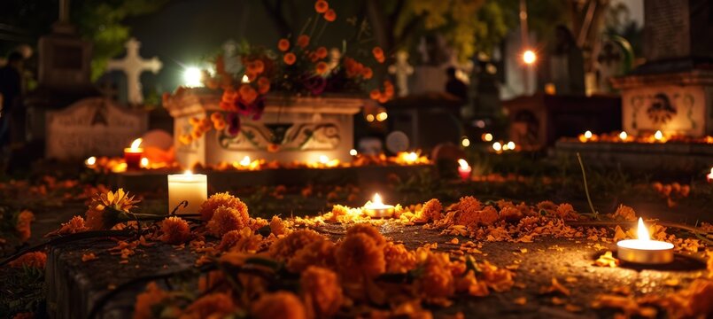 Dia de los Muertos Night Cemetery Scene with Glowing Candles and Marigold Petals in Tribute