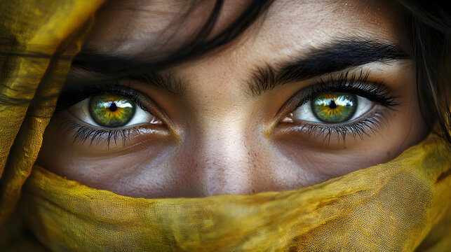 un retrato de una mujer hermosa con mirada fija con ojos verdes mujer musulmana con su tradicional hijab