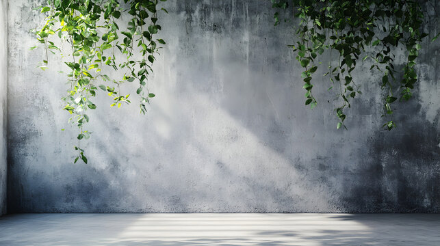 una pared de cemento de concreto aparente con enredaderas de plantas y ramas verdes colgando sobre el muro dise&ntilde;o elegante y moderno con textura