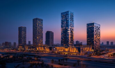 Fototapeta premium During the blue hour, the KAFD buildings in Riyadh, Saudi Arabia, stand out, Generative AI