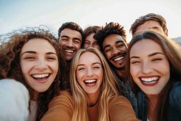 Obraz premium Joyful Group Selfie of Friends Outdoors
