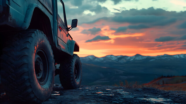 un paisaje de monta&ntilde;as al amanecer con una camioneta estacionada dia de excursion y aventura viajes de libertad estilo de vida relajado y tranquilo diversion en la naturaleza