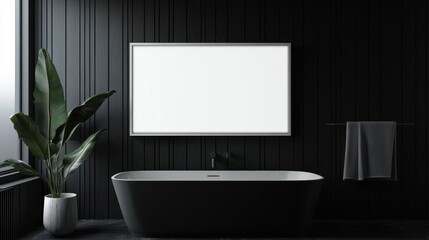 Modern bathroom featuring a black tub, mirror, plant, and towel on a dark wall.