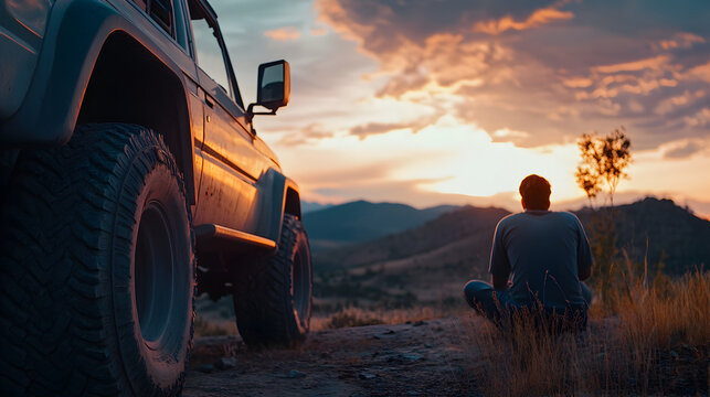 un hombre admirando el paisaje de la naturaleza al aire libre viviendo y disfrutando de un hermoso dia relajado y con tranquilidad sentado al lado de su auto de su camioneta 