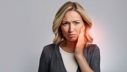 Fototapeta premium toothache. portrait of a woman holding her aching tooth