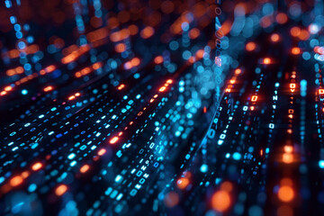 Obraz premium Close-up of a 3D binary code stream transforming into a protective barrier around sensitive data