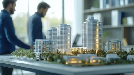 A detailed architectural model of a modern urban development with figures in the background.