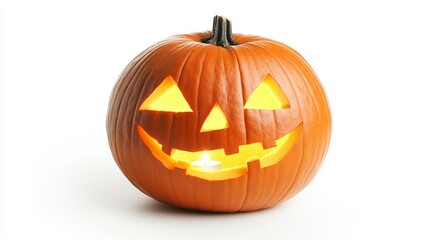 Fototapeta premium A comical Halloween pumpkin is carved into the shape of a jack-o'-lantern, with a candle flickers inside, casting a warm glow against the white background. 