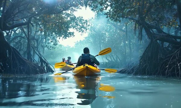 Family kayaking through a mangrove forest, with twisting roots and exotic birds all around. . Video