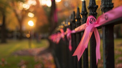 Breast Cancer Awareness Event with Pink Ribbons at Sunset in a Peaceful Park Setting