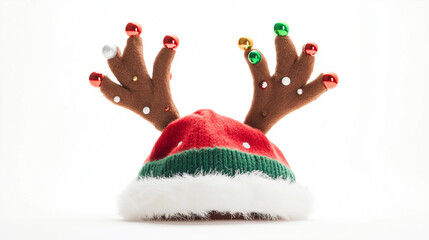 Whimsical holiday hat with reindeer antlers with red, green, and gold bells, paired with a festive knit cap. Christmas cheer and fun winter. Seasonal celebrations. Image made using Generative AI.