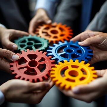 Close-up illustration of a team of business people holding vibrant gears, highlighting the concept of working together and mutual cooperation in a professional setting.