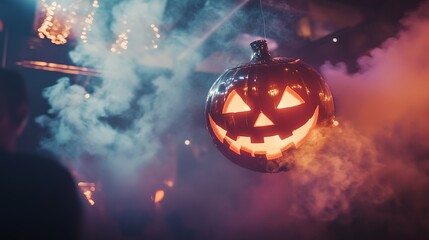 A disco ball adorned with a pumpkin face casts an eerie glow over a nightclub. Smoke swirls through the air, obscuring the defocused lights and creating a surreal and otherworldly atmosphere