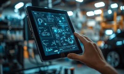 EV electric vehicle technology industry concept, futuristic virtual graphic touch user interface on screen with auto repair garage blurred on, Generative AI