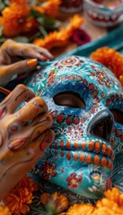 Fototapeta premium Creating Intricate Día de los Muertos Mask with Vibrant Patterns and Colors - Artistic Concept for Posters