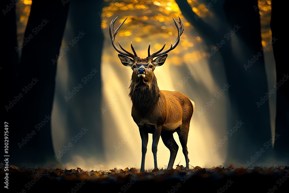 Poster a peaceful deer standing in a misty forest, surrounded by towering trees and soft sunlight filtering