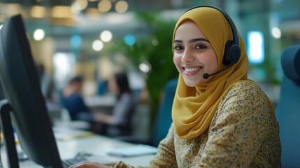 Call center worker accompanied by her team. Muslim girl