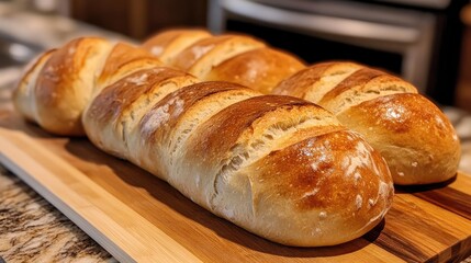 Naklejka premium Freshly Baked Artisan Bread on Wooden Board