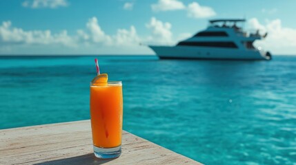 A refreshing orange cocktail sits by the ocean, with a yacht in the background.