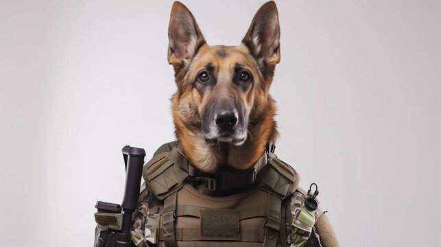 Military working dog in tactical gear, intense and focused, ready for duty - Powered by Adobe